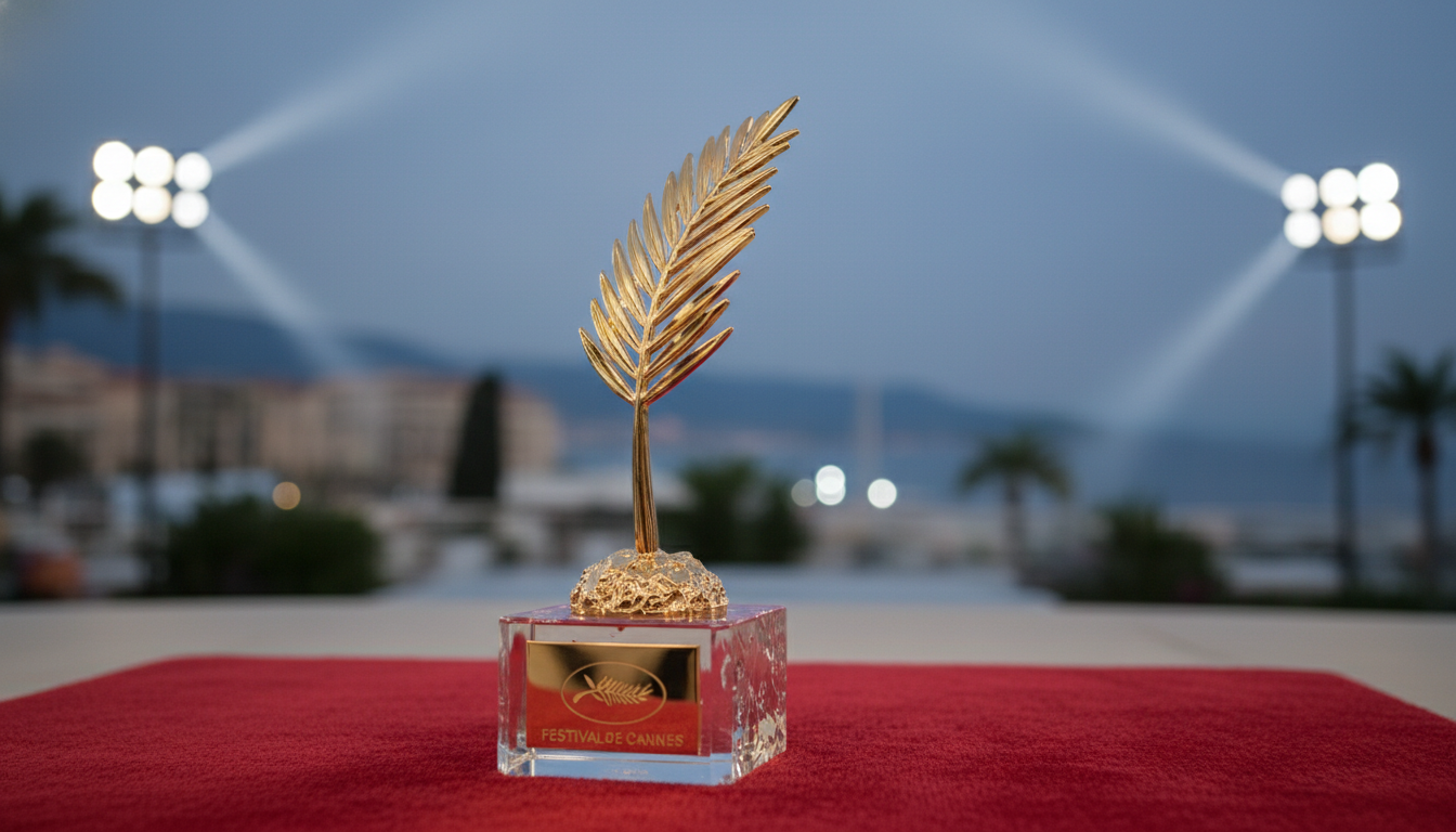 칸 영화제의 최고 영예인 황금종려상이 빛나는 웅장한 모습, 박찬욱 감독의 국제적 위상을 상징.