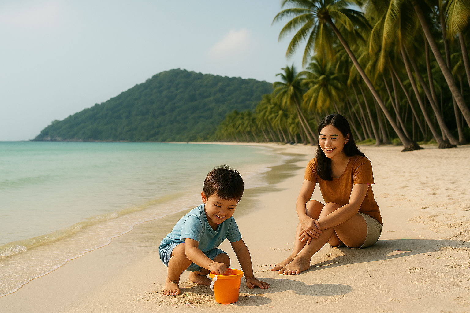 푸꾸옥 사오 비치의 하얀 모래와 잔잔한 바다에서 모래놀이하는 아이와 엄마