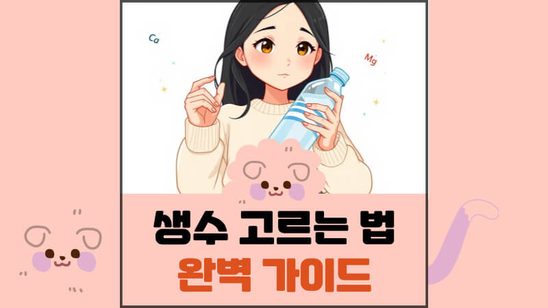 생수병을 분석하며 좋은 물 고르는 법을 탐구하는 일러스트. 생수의 종류와 성분을 분석하는 모습을 표현함.