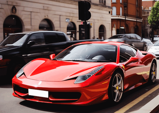 도심 길가에 빨간색 페라리가 주차해 있다. 차량 전체는 빨간색이고 차 유리는 검정 선텐이 됐다. 전체적으로 매끄럽게 잘 빠진 세련된 디자인을 가졌다.