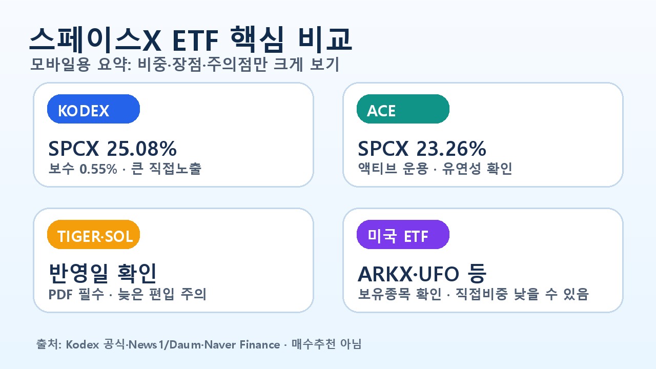 스페이스X 관련 ETF KODEX ACE TIGER SOL 비교표
