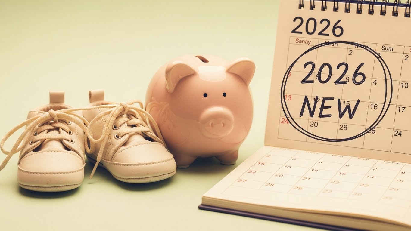 Emotional photo with baby shoes, a piggy bank, and a calendar marked '2026 NEW' on a warm pastel background. Giving a sense of both parenting and finance.