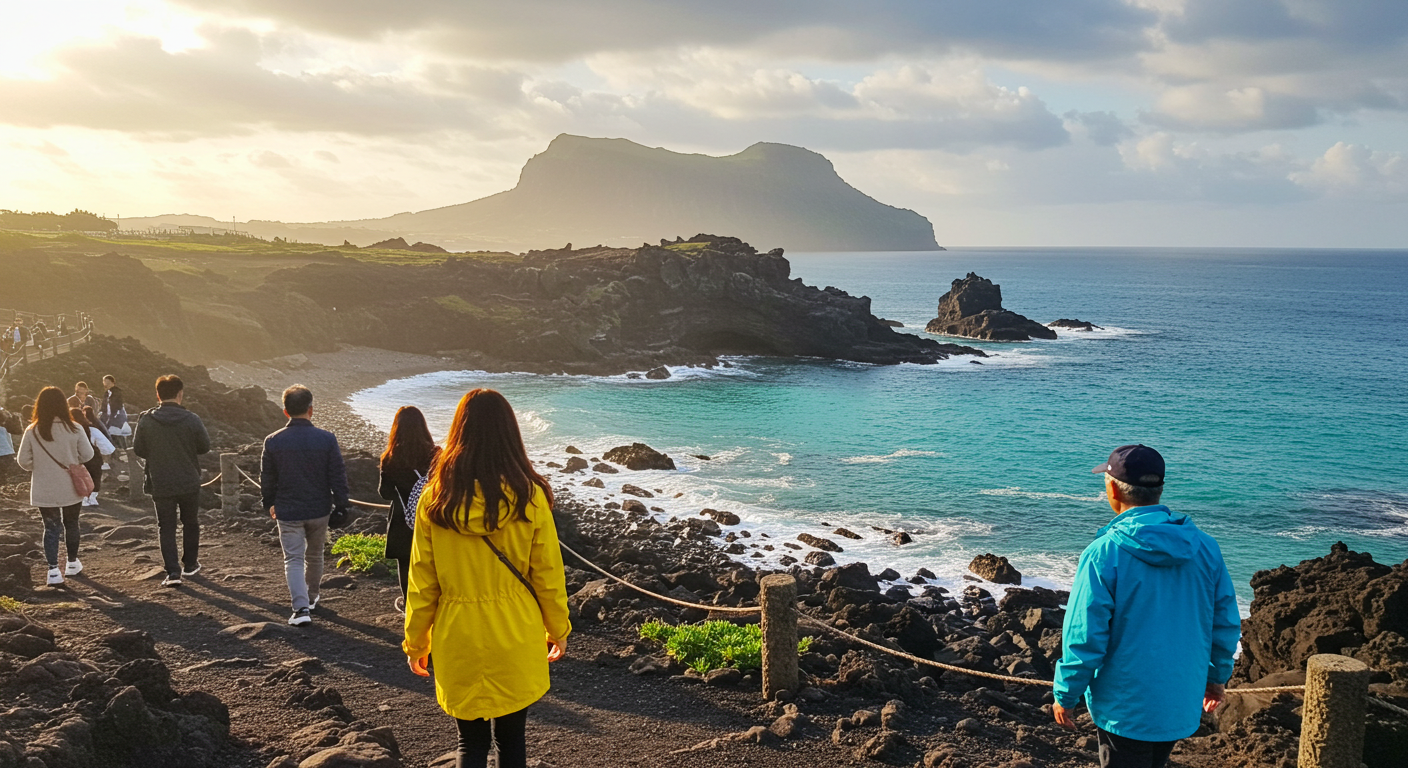제주 동쪽 해안길을 걷는 사람과 오션뷰 감성 스테이