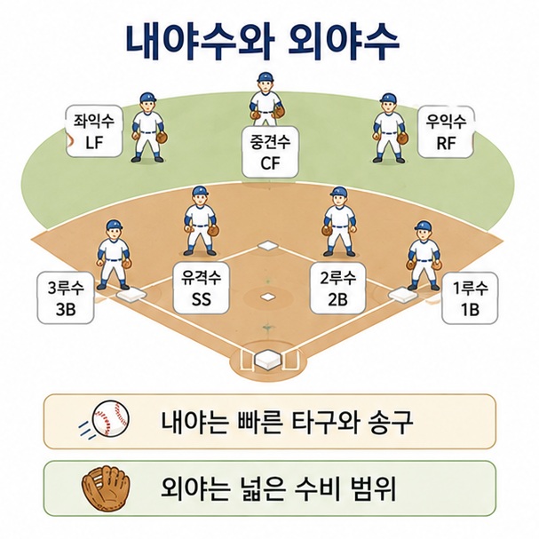 내야수는 빠른 타구와 송구를 담당하고 외야수는 넓은 수비 범위를 담당한다는 차이를 야구장 도해로 표현한 이미지