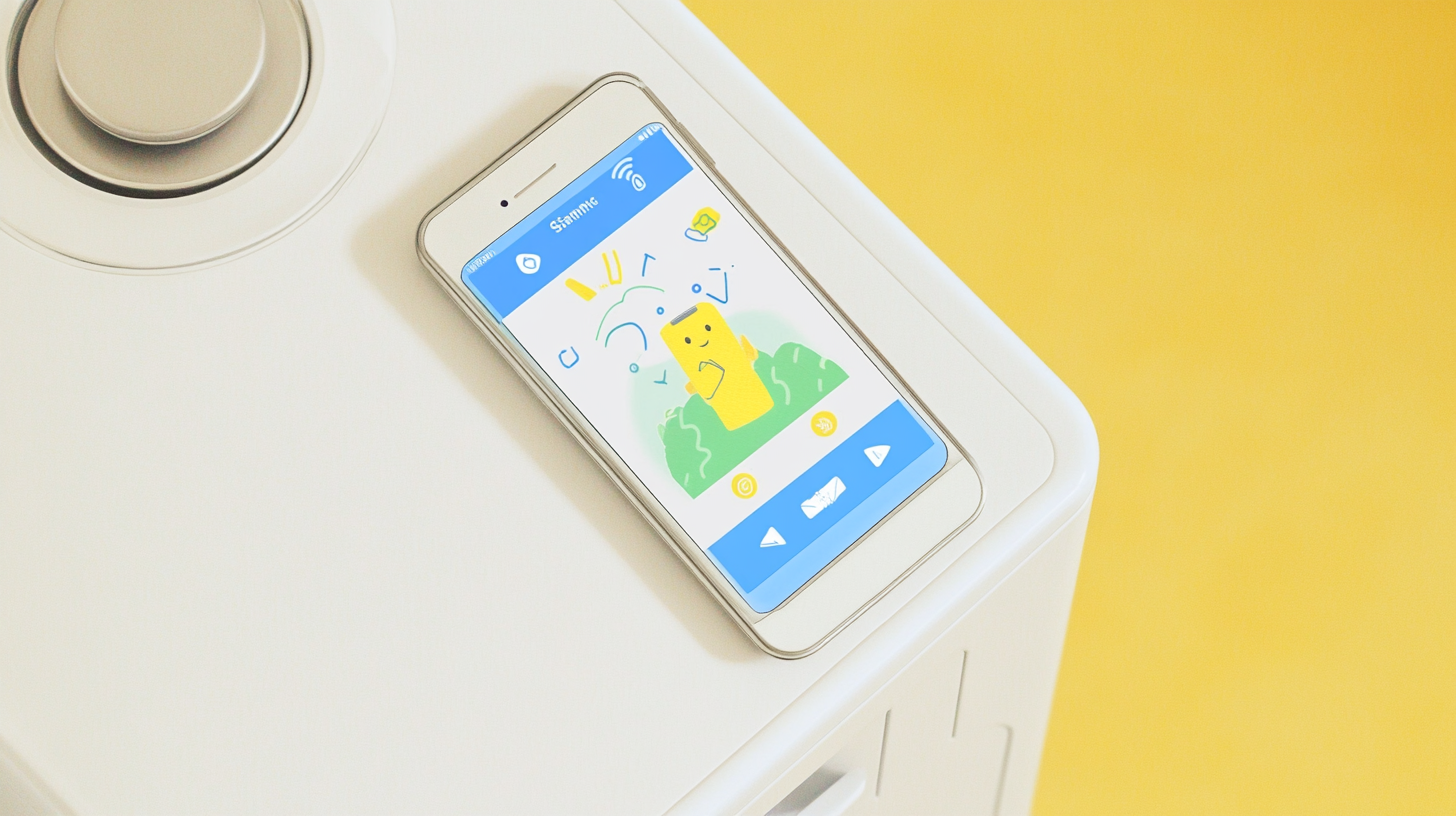 스마트폰에 떠 있는 스마트싱스 앱 화면으로, 삼성 세탁기를 실시간 피드백과 모던한 사용자 인터페이스로 제어하는 모습. 스마트폰 화면의 밝은 조명이 강조되는 장면.