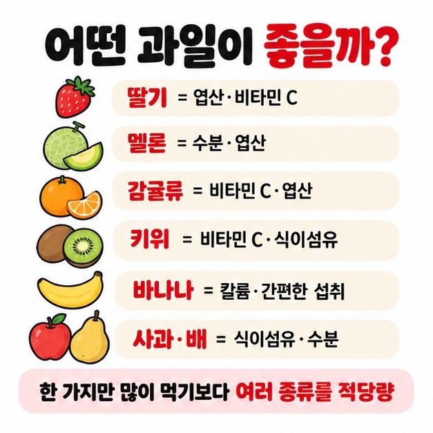 딸기 참외 감귤류 키위 바나나 사과 배의 엽산 비타민 C 식이섬유 수분 특징을 비교해 보여주는 카드