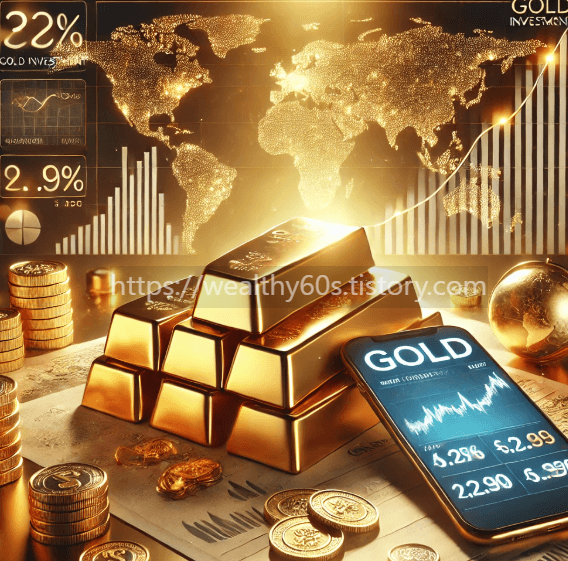 골드 바가 쌓여 있고 금 시세가 오르는 사진