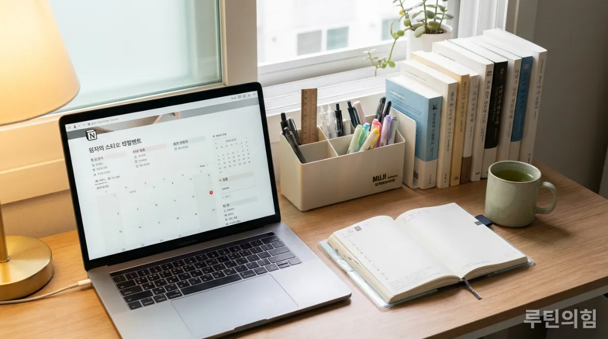 노션 스터디 템플릿이 열려있는 노트북과 정돈된 학습 공간