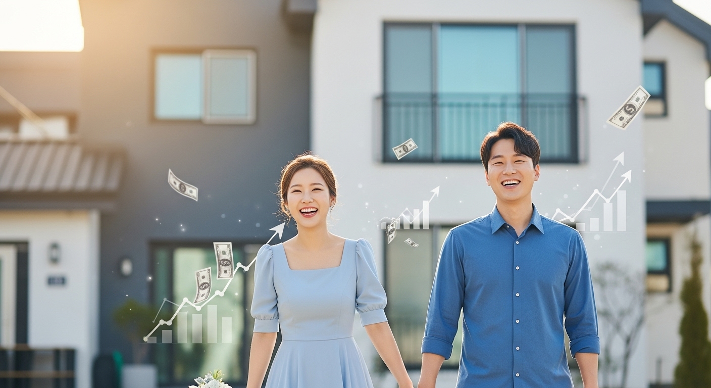 2026년 신혼부부 지원금 혜택을 받으며 행복하게 웃는 한국인 신혼부부가 아파트 앞에서 손을 잡고 서 있는 모습