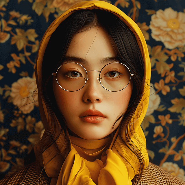 긴 검정머리 젊은 여자가 노란색 후드티 모자를 쓰고 안경을 쓴채 정면을 응시한다. 뻔뻔한 여자의 얼굴이다.