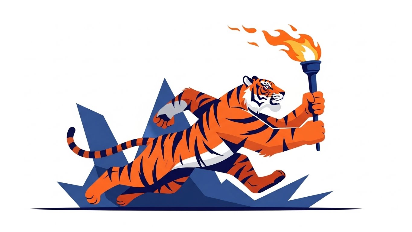용기와 열정으로 새로운 도전을 시작하며 앞장서 나가는 당당한 호랑이띠 캐릭터 그래픽
