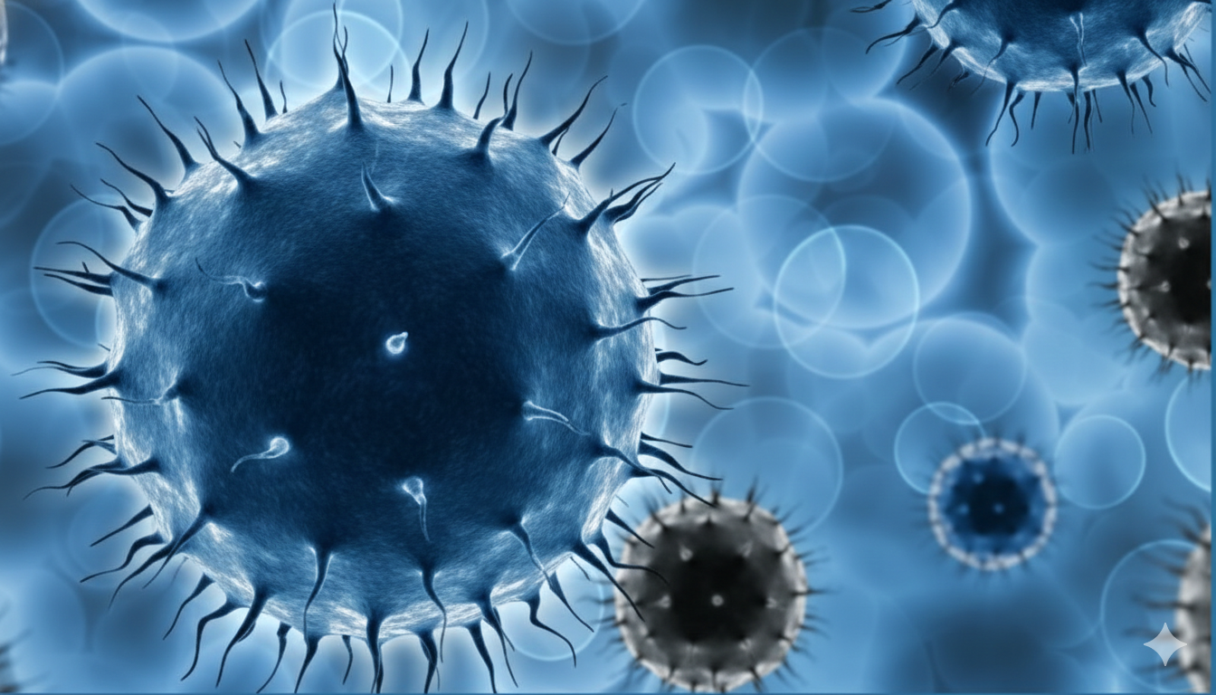 "현미경으로 관찰된 파란색과 검은색 톤의 니파바이러스(Nipah virus) 입자 일러스트. 치명률 75%의 고위험 전염병을 상징하며, 인도 확산 뉴스 및 국내 진단키트, 백신 관련주 분석을 위한 블로그 썸네일 이미지입니다."