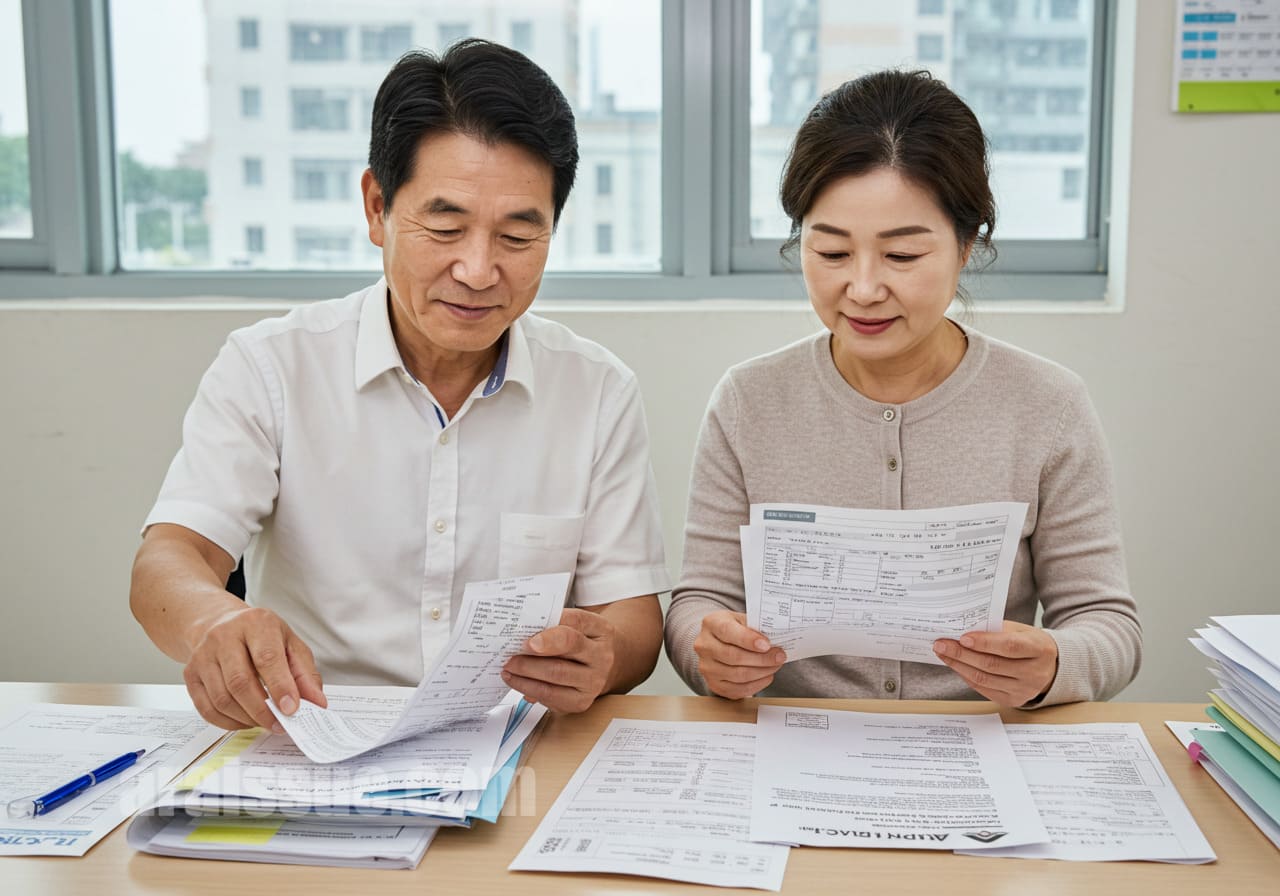 서류 정리하는 중년 부부