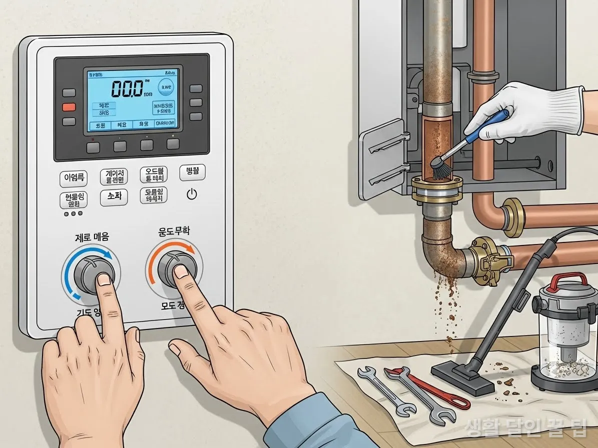 한국 보일러 제어판을 조작하며 난방 효율을 높이는 모습