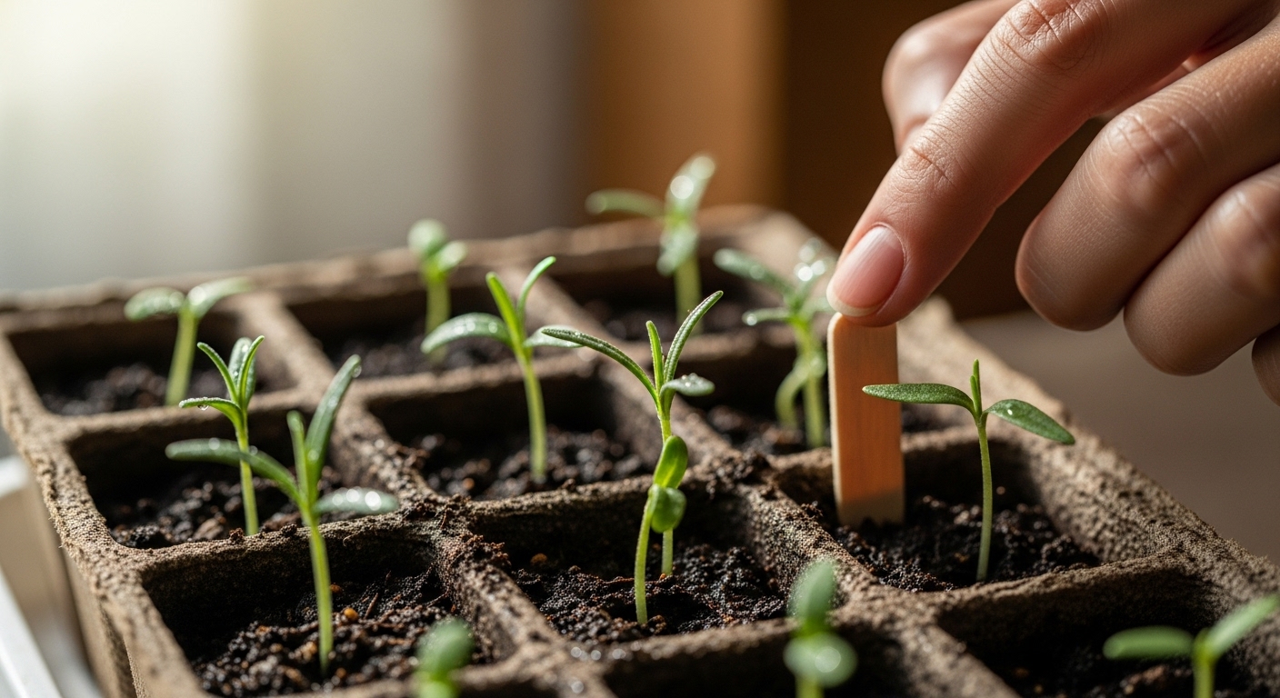씨앗에서 막 발아하여 흙에서 싹을 틔우는 어린 로즈마리 모종.