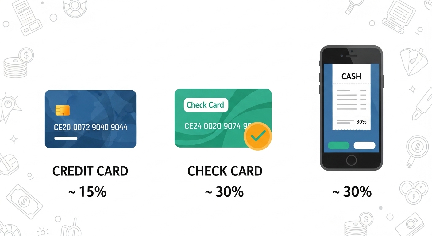 신용카드, 체크카드, 현금영수증 각각의 소득공제율(15%, 30%, 30%)을 명확하게 보여주는 시각 자료