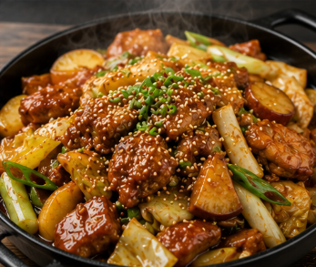 김이 모락모락 피어오르는 단짠 간장 닭갈비가 세련된 무쇠 팬에 풍성하게 담겨, 통통한 고구마와 떡사리가 어우러지고 통깨가 솔솔 뿌려진 압도적인 완성 컷