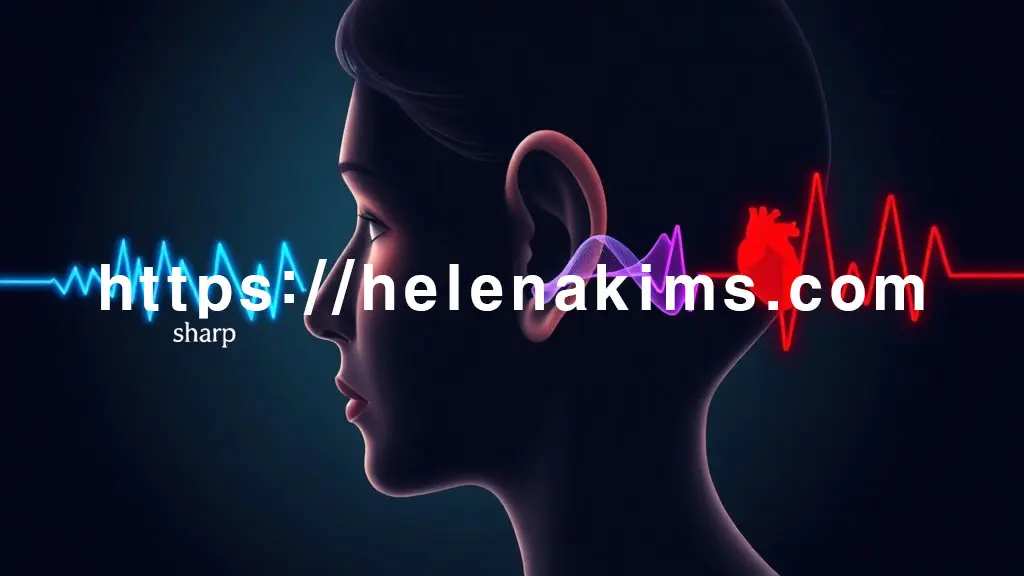 고요하고 어두운 배경 속, 한 사람의 귀 주변에서 다채로운 빛깔과 형태로 시각화된 이명의 소리들이 흘러나오는 그래픽 이미지.