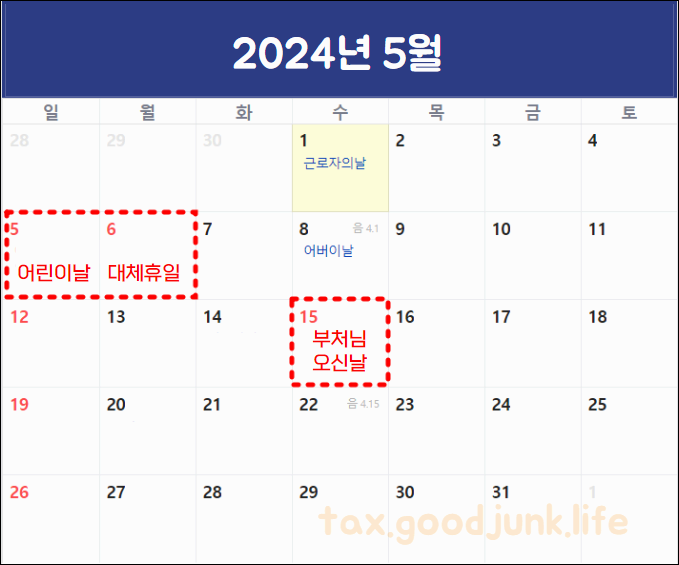 2024년 공휴일 및 대체휴일