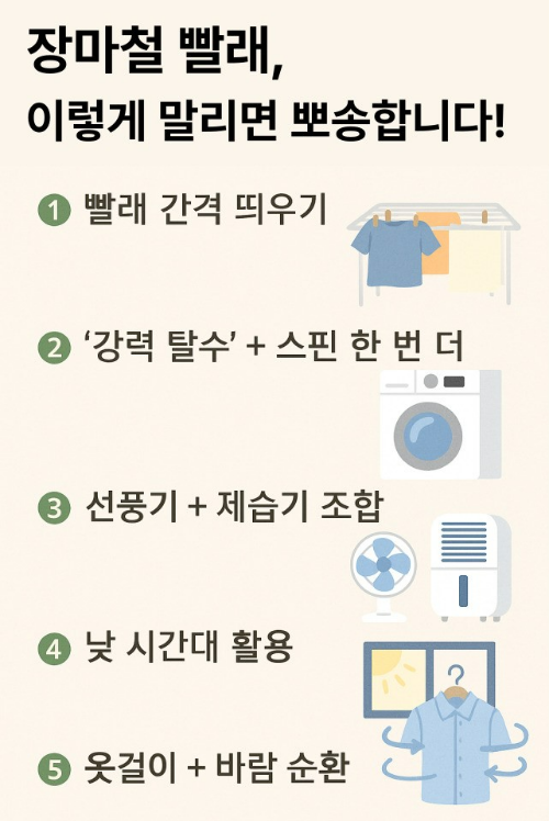 장마철 빨래건 팁 5가지를 정리한 인포그래픽 이미지