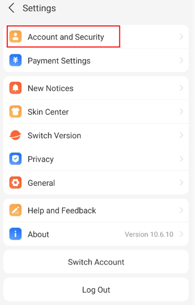 'Account and Security'를 누릅니다