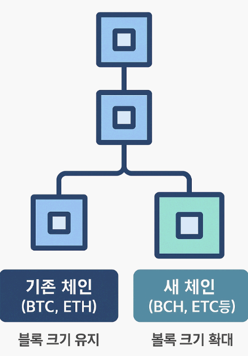 블록체인의 하드포크 구조를 나타낸 다이어그램. 상단의 하나의 체인이 두 개로 분기되며, 왼쪽은 &lsquo;기존 체인(BTC, ETH)&rsquo;으로 블록 크기 유지, 오른쪽은 &lsquo;새 체인(BCH, ETC 등)&rsquo;으로 블록 크기 확대를 의미함.