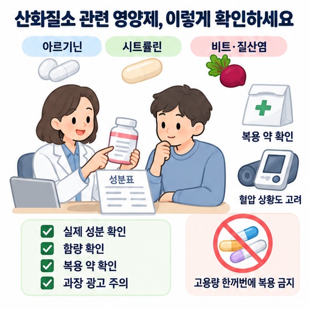 산화질소 영양제의 실제 성분과 함량, 복용 약 확인이 중요함을 보여주는 이미지