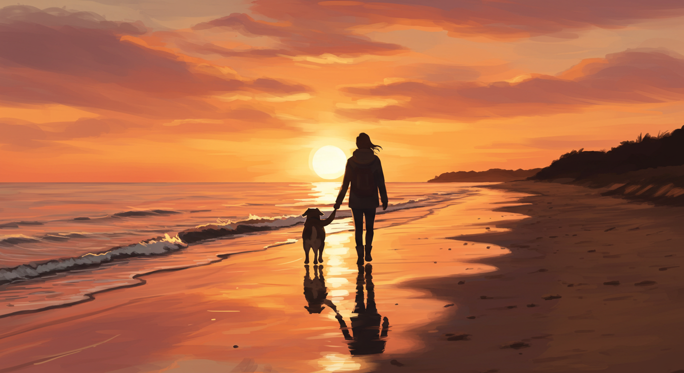 반려견과 함께 해변길을 걸으며 하루를 정리하는 감성적인 순간