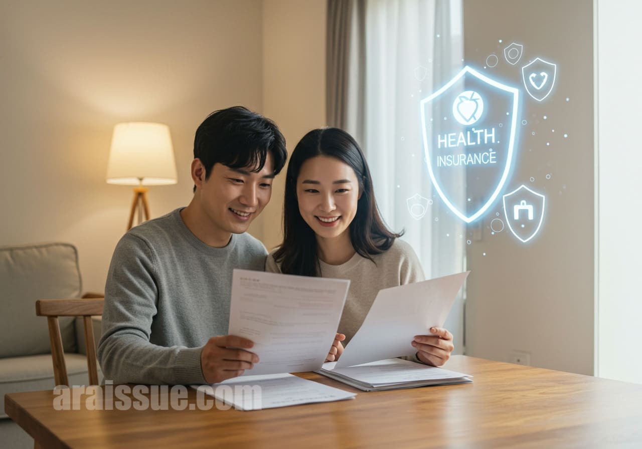 건강보험 서류를 보며 치료비 부담을 덜어낸 부부의 모습