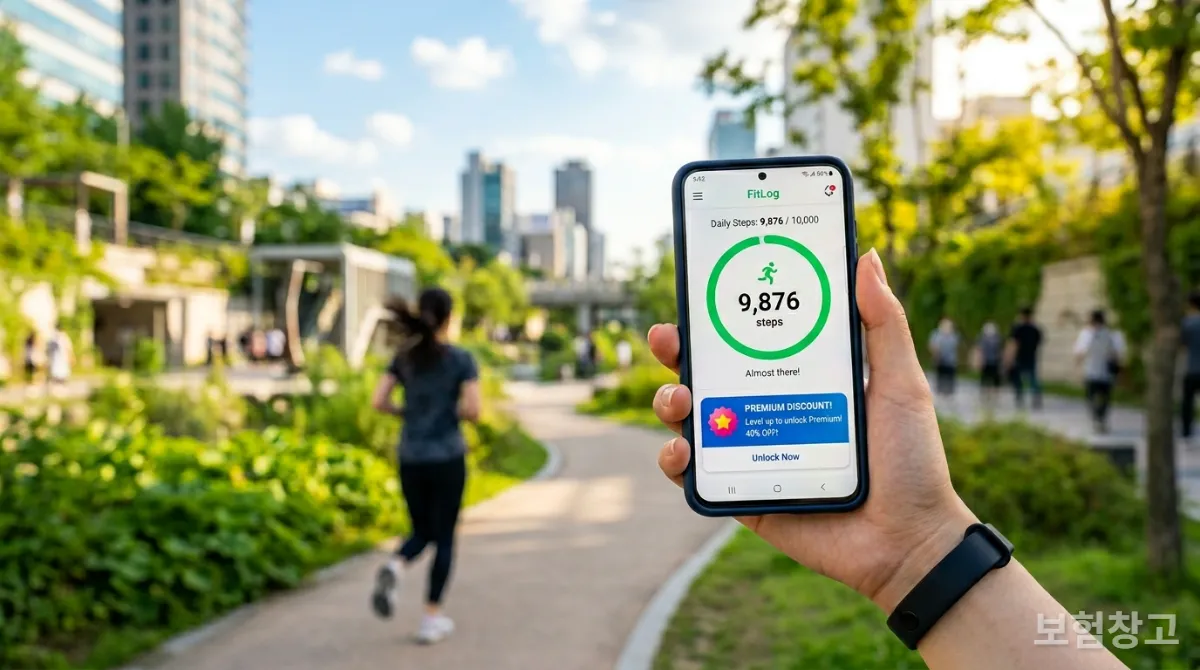 스마트폰 헬스 앱에 걸음 수 목표 달성 및 보험료 할인 알림이 표시된 모습