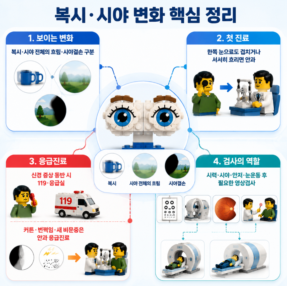 복시&middot;시야 흐림&middot;시야결손 구분과 첫 진료&middot;응급진료&middot;검사 역할을 정리한 핵심 요약 인포그래픽