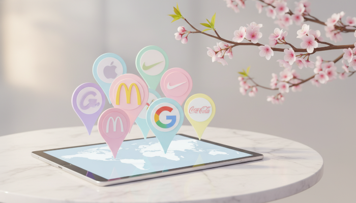 태블릿 위에 떠 있는 글로벌 브랜드 로고와 세계 지도 핀이 조화를 이룬 스마트한 경제 이미지