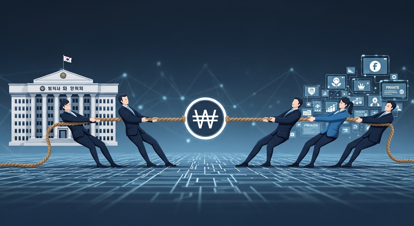 원화 스테이블코인 발행 주체를 두고 한국은행과 민간 기업이 줄다리기하는 모습을 표현한 이미지