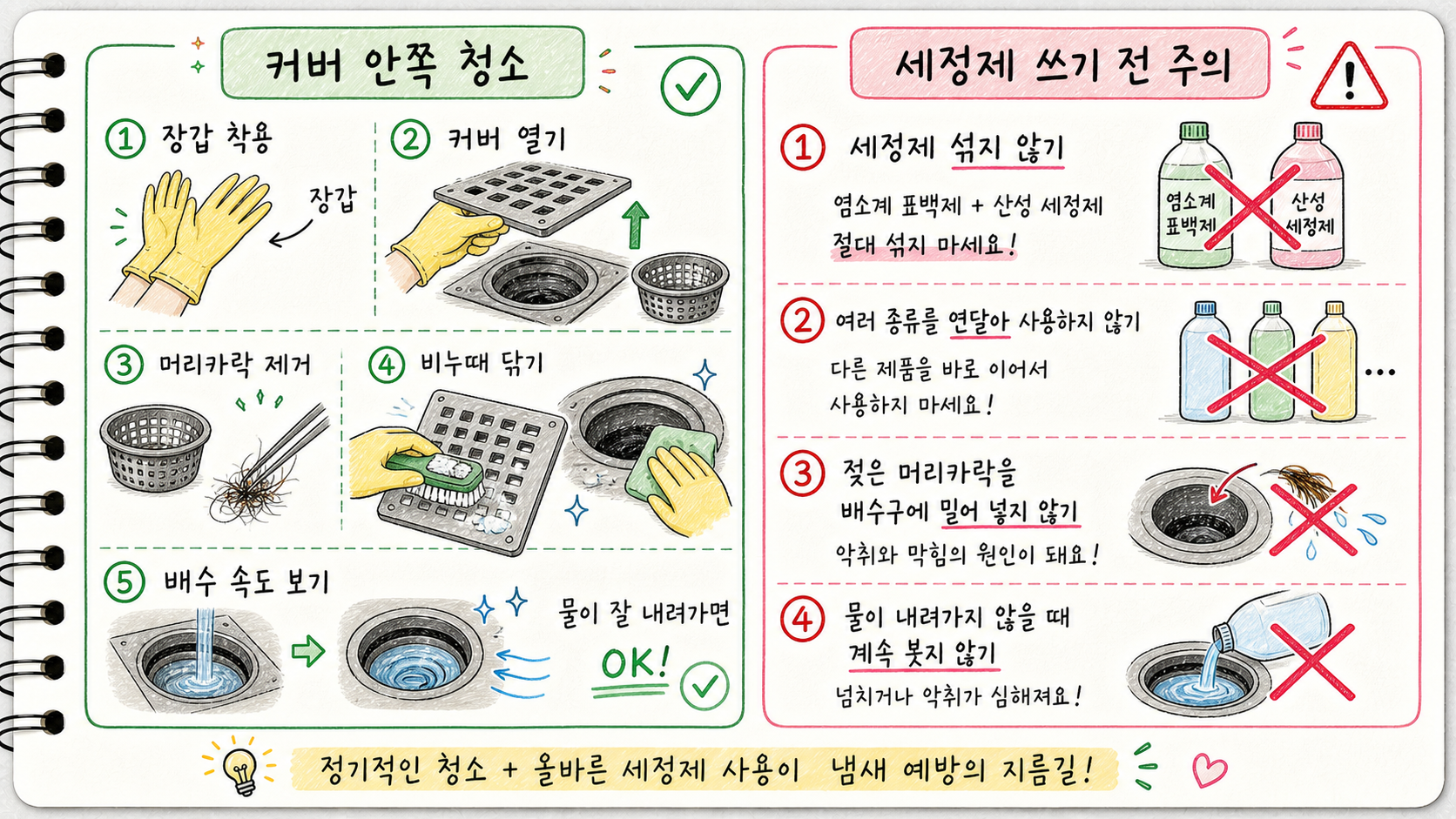 배수구 커버 안쪽 청소 방법과 세정제 사용 전 주의사항을 정리한 가로형 카드