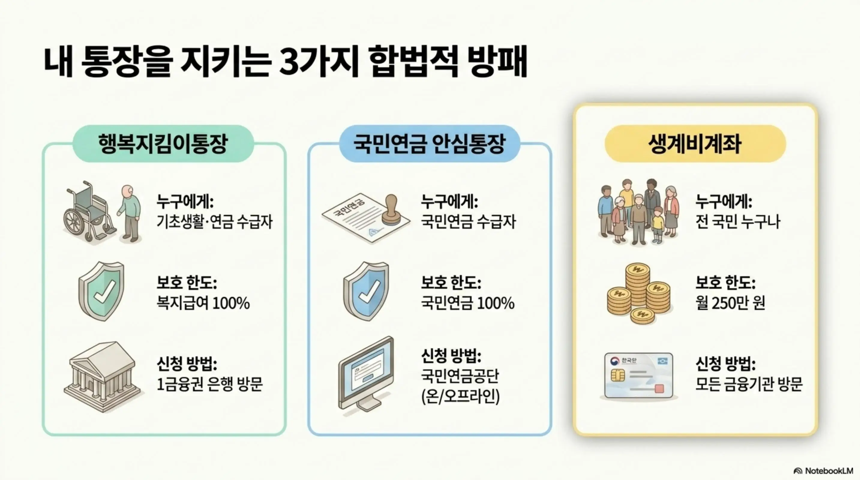 세금체납 통장압류 피하는법: 내 통장을 지키는 3가지 합법적 방패라는 제목의 인포그래픽. 행복지킴이통장은 기초생활 연금 수급자 대상 복지급여 100퍼센트 보호 1금융권 은행 방문 개설이고 국민연금 안심통장은 국민연금 수급자 대상 국민연금 100퍼센트 보호 연금공단 온오프라인 신청이며 생계비계좌는 전 국민 누구나 대상 월 250만 원 보호 모든 금융기관 방문 개설임을 시각적으로 비교하며 블로그의 세금 체납 통장 압류 피하는 법과 관련된 내용을 설명함 