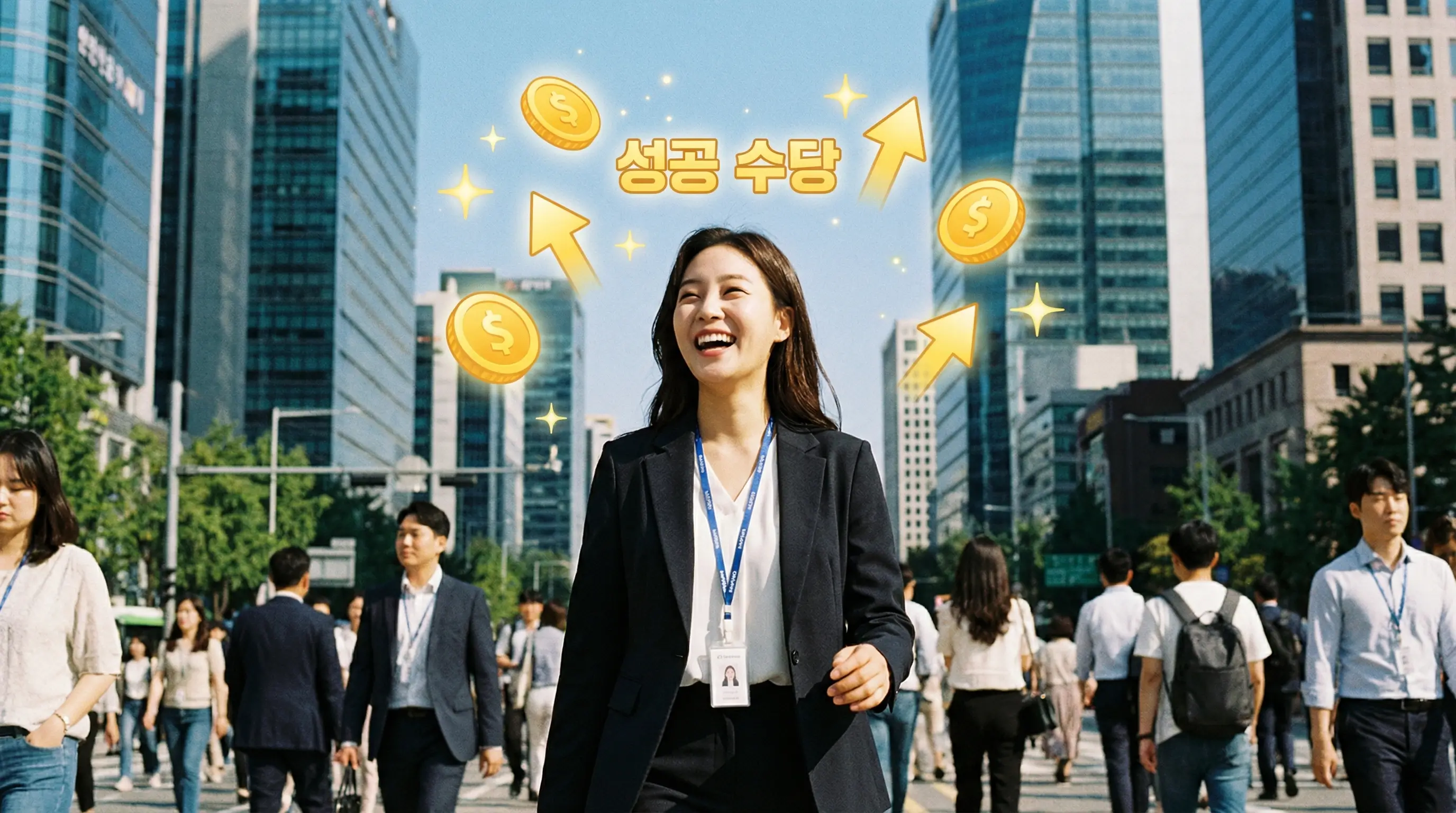 취업에 성공하여 사원증을 걸고 자신감 넘치게 걸어가는 모습과 배경에 떠있는 성공 수당 아이콘