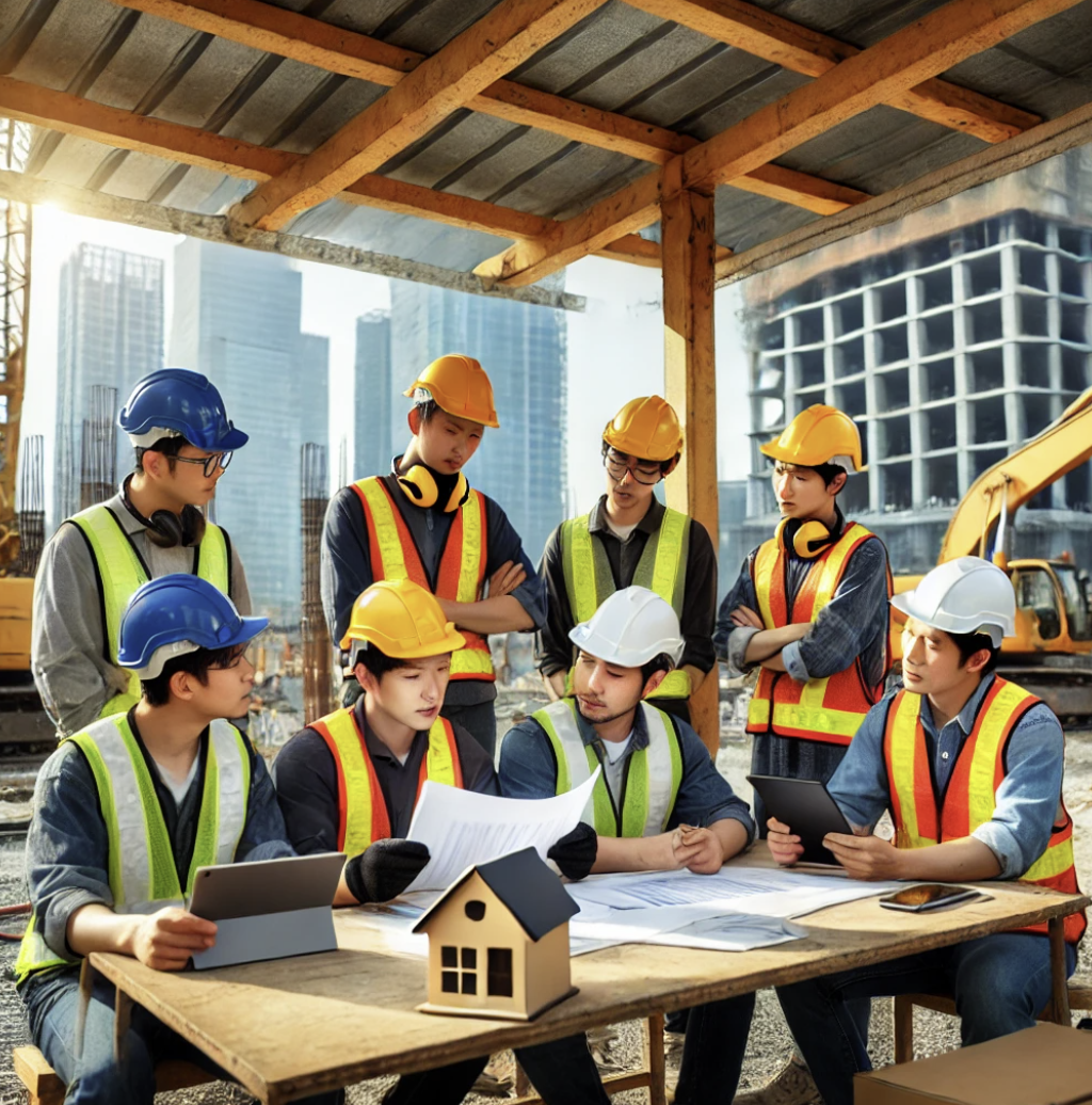 건설 현장에서 권리에 대해 논의하는 근로자들의 모습