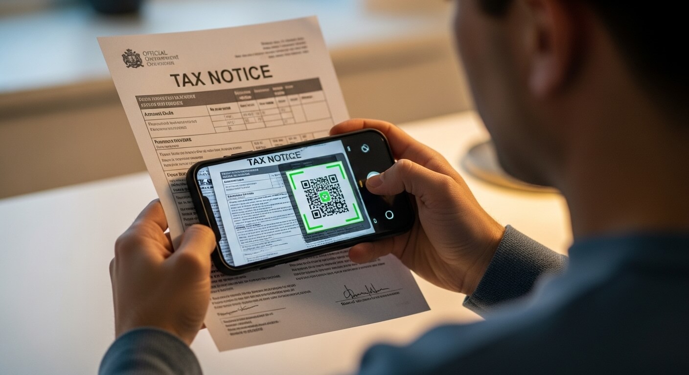남성이 세금 고지서의 QR코드를 스마트폰으로 스캔하는 장면