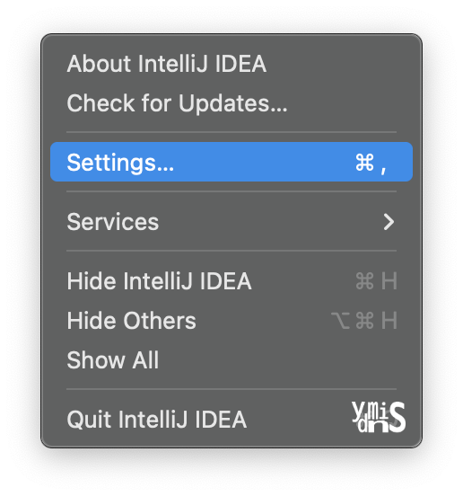 메뉴에서 Settings를 선택한 모습이다.