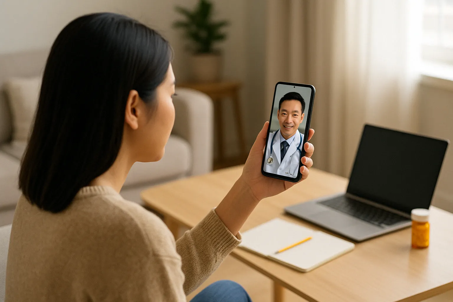 무직자가 집에서 스마트폰으로 비대면 진료를 받는 장면