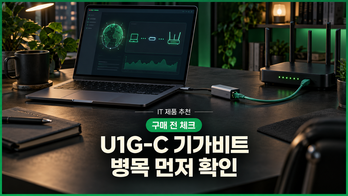 대표 이미지: USB-C 노트북과 U1G-C 유형 유선랜 어댑터로 기가비트 병목을 확인하는 업무 공간