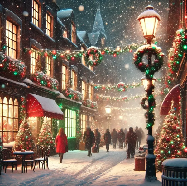 눈-크리스마스트리-사람들-가로등