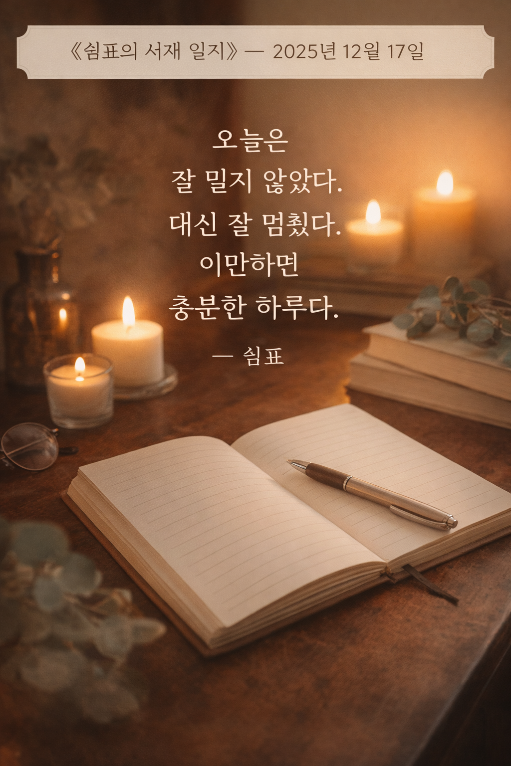 하루를 잠시 멈추고 마음을 정리하는 저녁, 노트와 펜이 놓인 차분한 책상 풍경