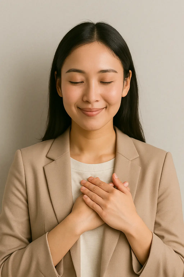 눈을 감고 두 손을 가슴 앞에서 모으며 안도하는 표정을 짓는 젊은 여성 보호자의 텍스트 없는 인물 이미지