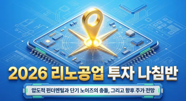 '2026 리노공업 투자 나침반'이라는 문구가 담긴 블로그 대표 이미지. 반도체 칩 위에 황금색 나침반 핀이 놓인 디자인으로 압도적 펀더멘털과 단기 노이즈의 충돌, 향후 주가 전망이라는 부제를 함께 보여줌. 영업이익률 47%대 초고수익성과 블록딜·경영권 매각설 등 핵심 이슈를 시각적으로 전달하며, 블로그의 리노공업 주가 전망 주제와 관련된 내용을 설명함