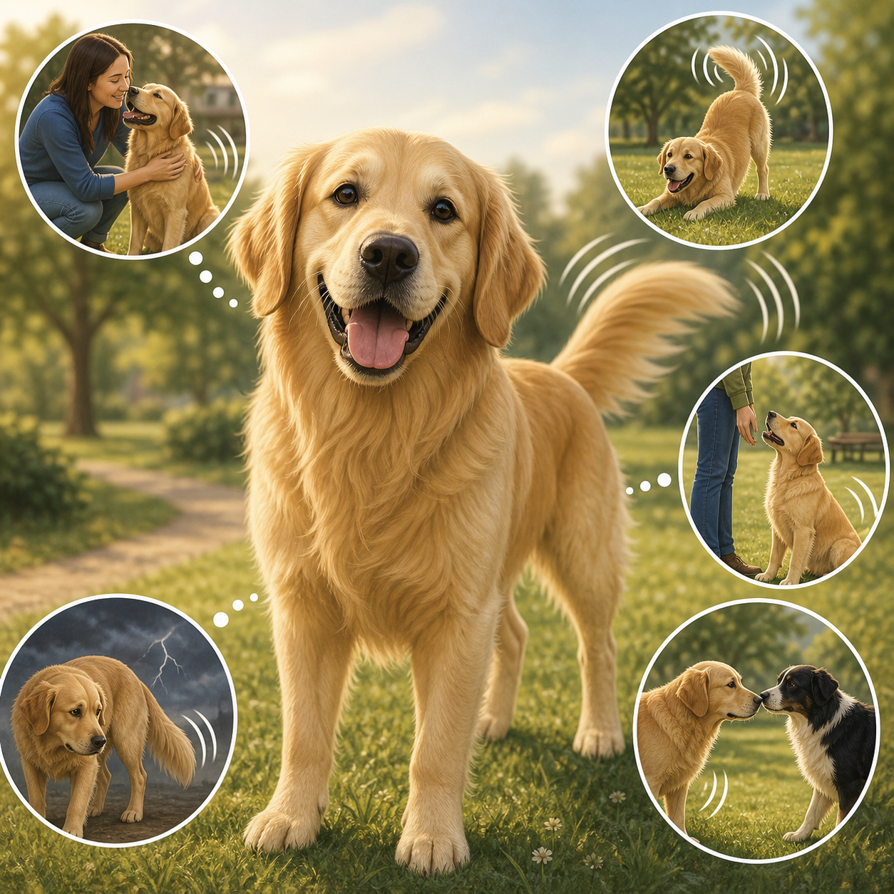 Friendly dog wagging its tail in an educational illustration