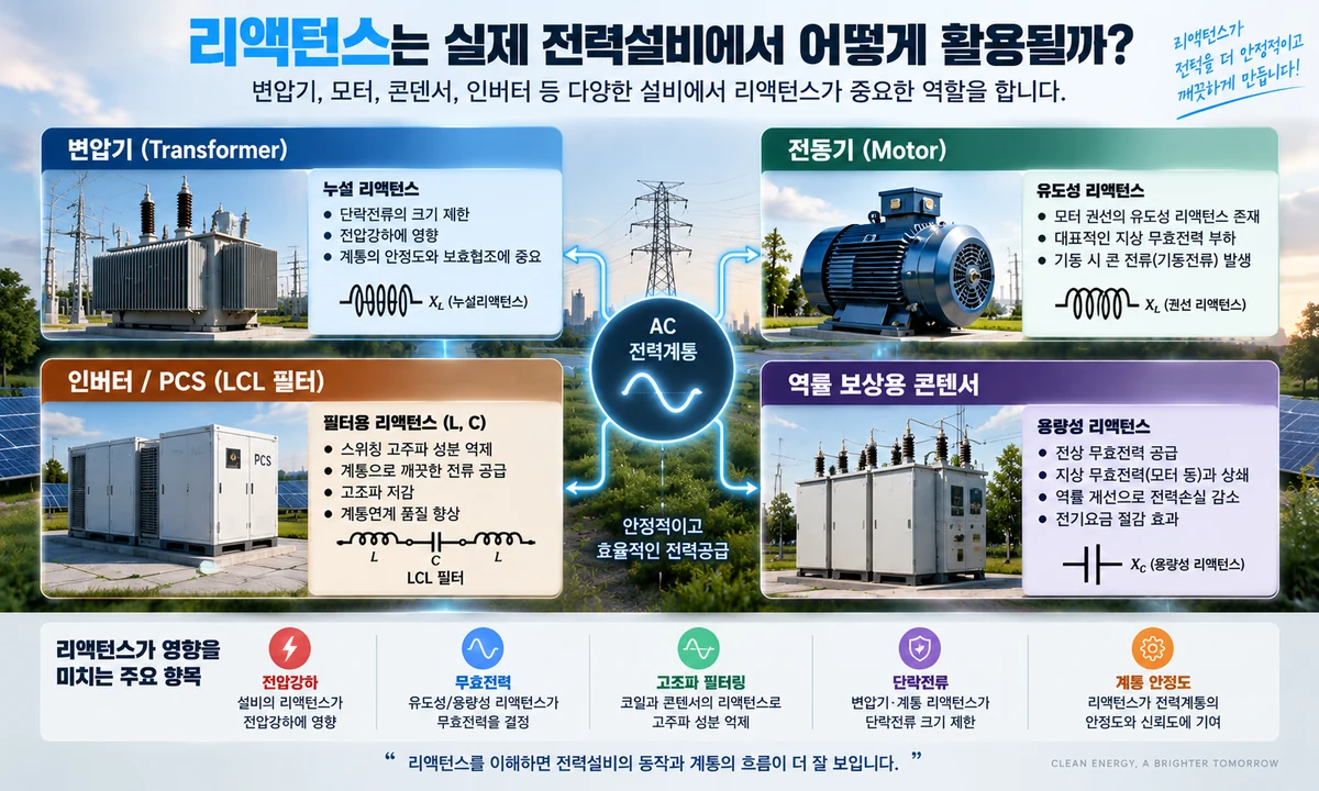 변압기와 전동기, 인버터 PCS, 역률 보상용 콘덴서에서 리액턴스가 활용되는 사례 인포그래픽