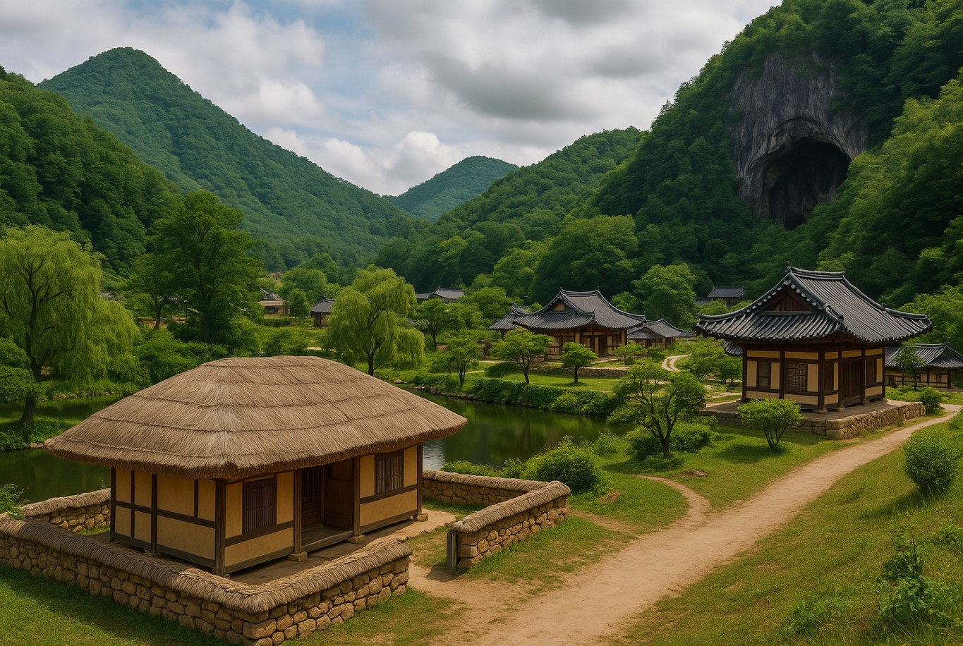 산속 풍경 사진과 집이 보이는 풍경 사진
