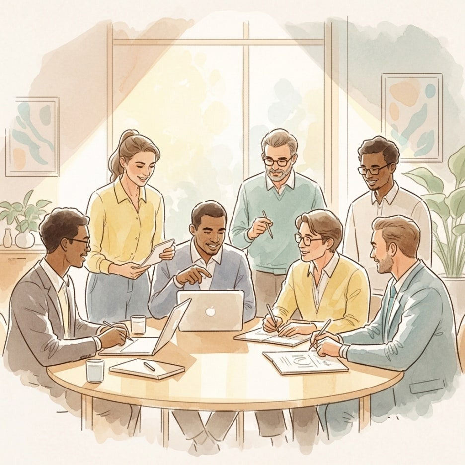 협업하는 전문가들의 모습을 담은 따뜻한 느낌의 삽화