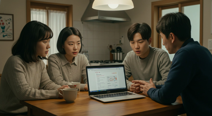 한국인 가족이 식탁에서 노트북으로 위고비 치료 비용을 확인하며 상의하는 모습